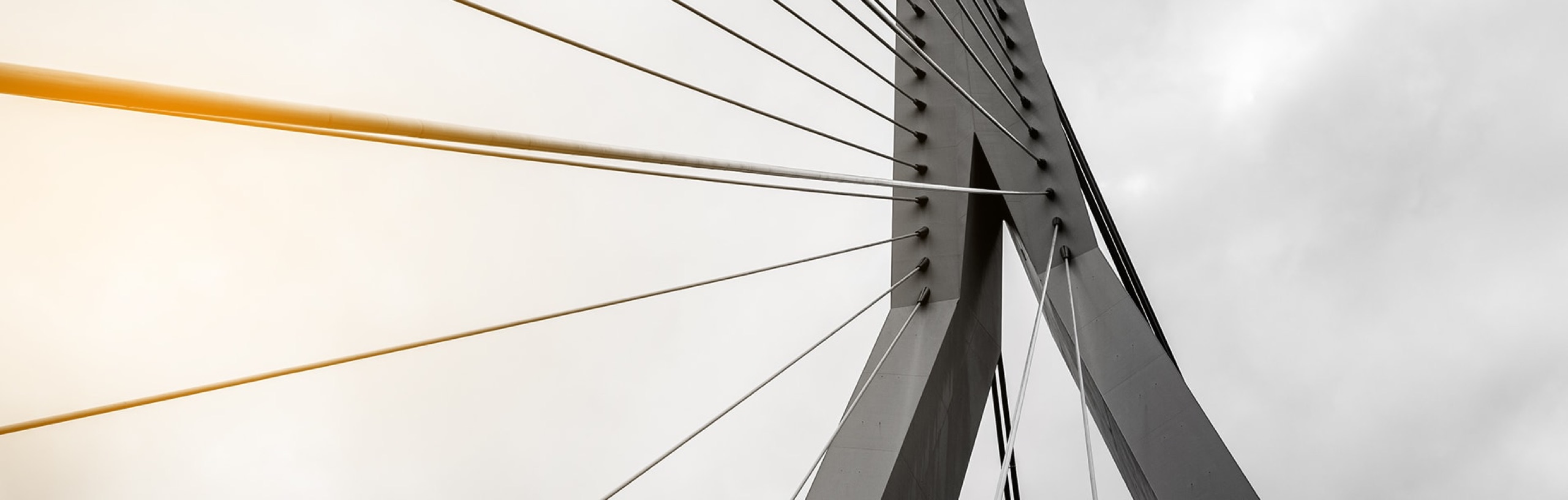 Pylon und Stahlseile einer Schrägseilbrücke vor hellem Himmel