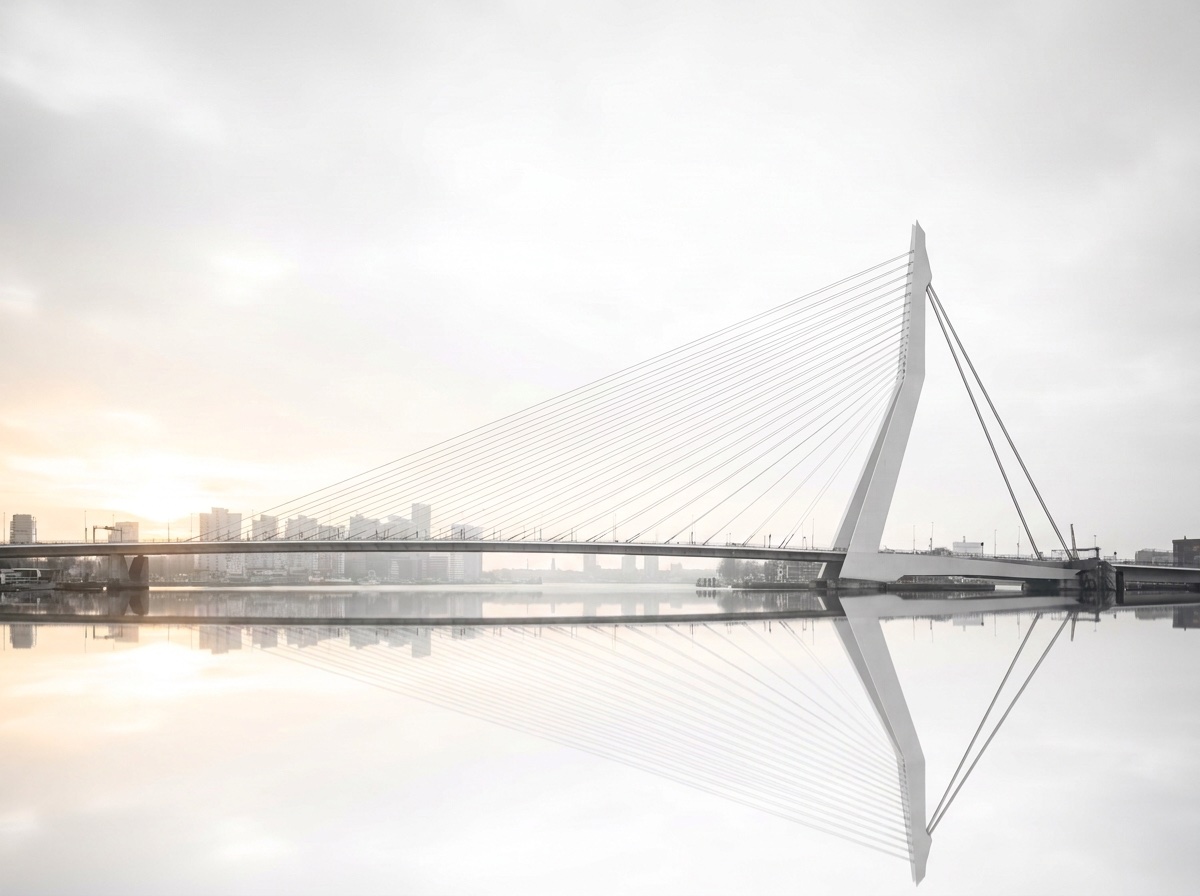 Cable-stayed bridge and skyline reflected in calm water