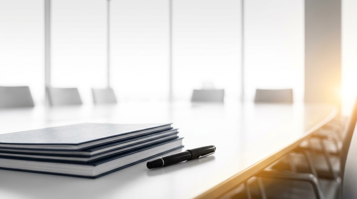 Konferenztisch mit Unterlagen und Stift im Gegenlicht